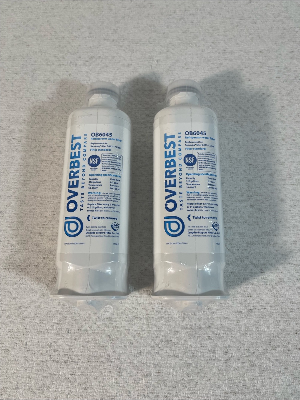 2/OVERBEST OB6045 Refrig Water Filter Replmt. For Samsung DA97-17376B. SKU #0468